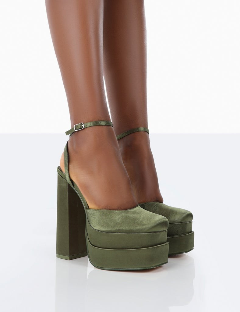 Moonchild Olive Satin Closed Toe Statement Platform Block Heels | Public Desire (US & CA)