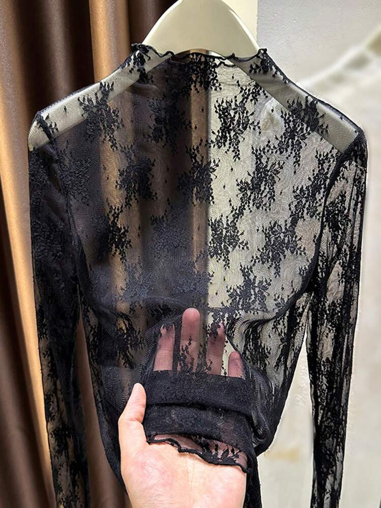 2025 New Lace Mock Neck Layering Sheer Mesh Long Sleeve Undershirt For Women, Spring/Summer/Autumn | SHEIN