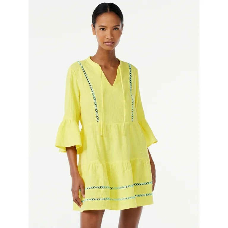 Scoop Women's Lace Trimmed Mini Dress with ¾ Sleeves - Walmart.com | Walmart (US)