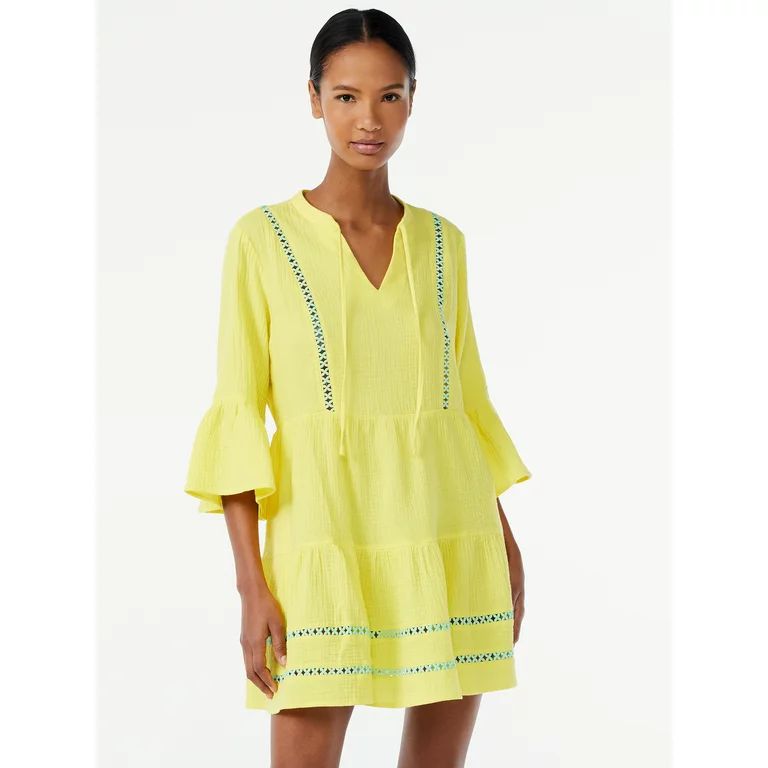 Scoop Women's Lace Trimmed Mini Dress with ¾ Sleeves - Walmart.com | Walmart (US)