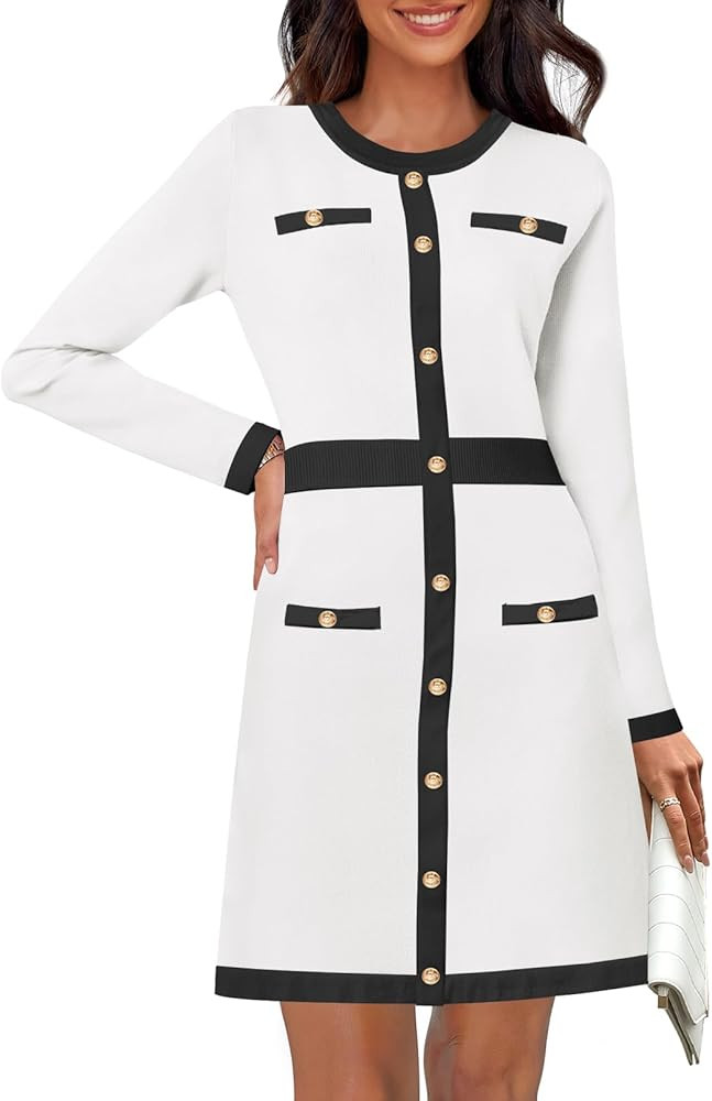 MEROKEETY Women's Long Sleeve Bodycon Sweater Dress Crewneck Color Block Button Knit Formal Midi ... | Amazon (US)