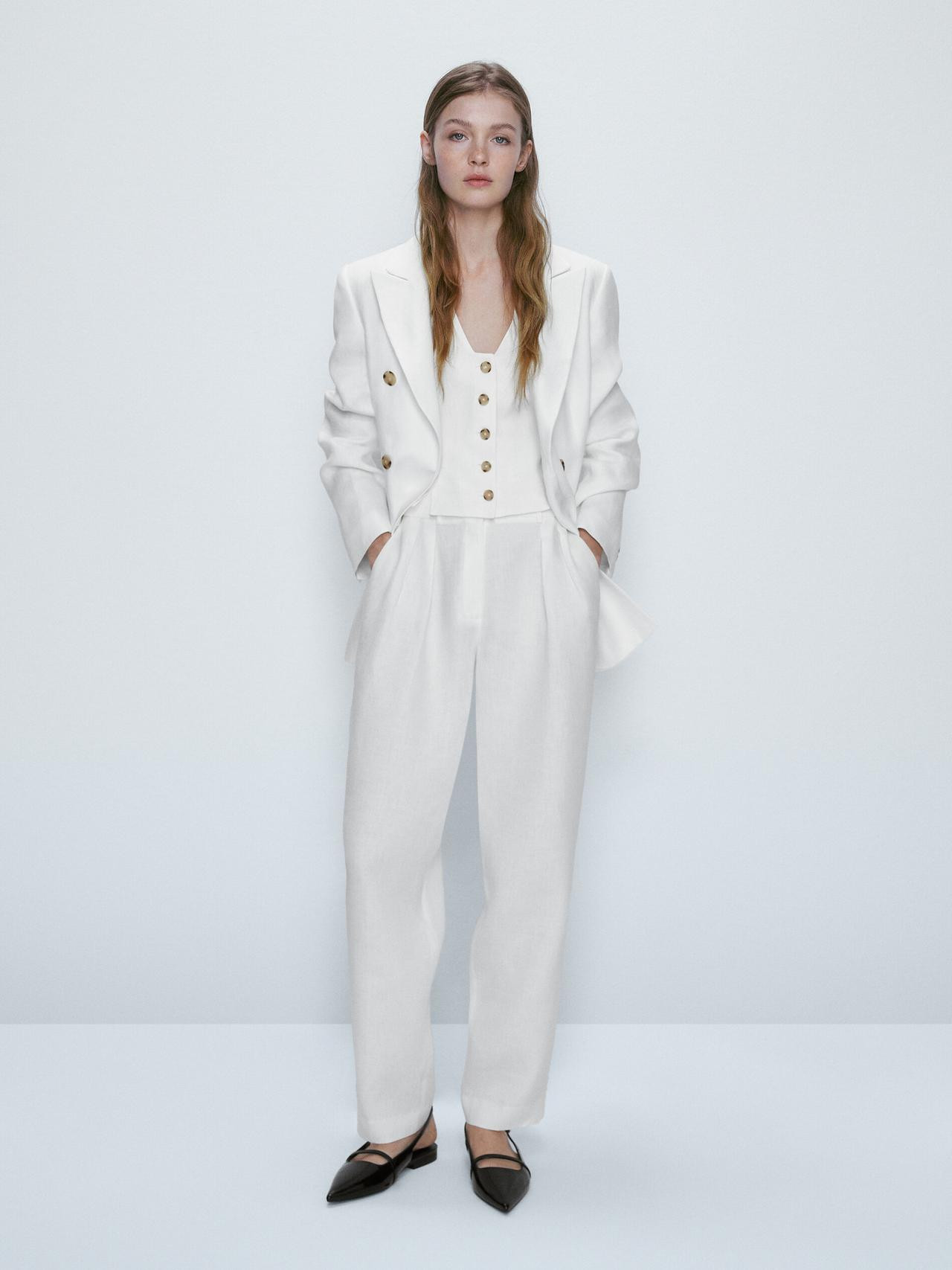 100% linen cropped suit waistcoat | Massimo Dutti US