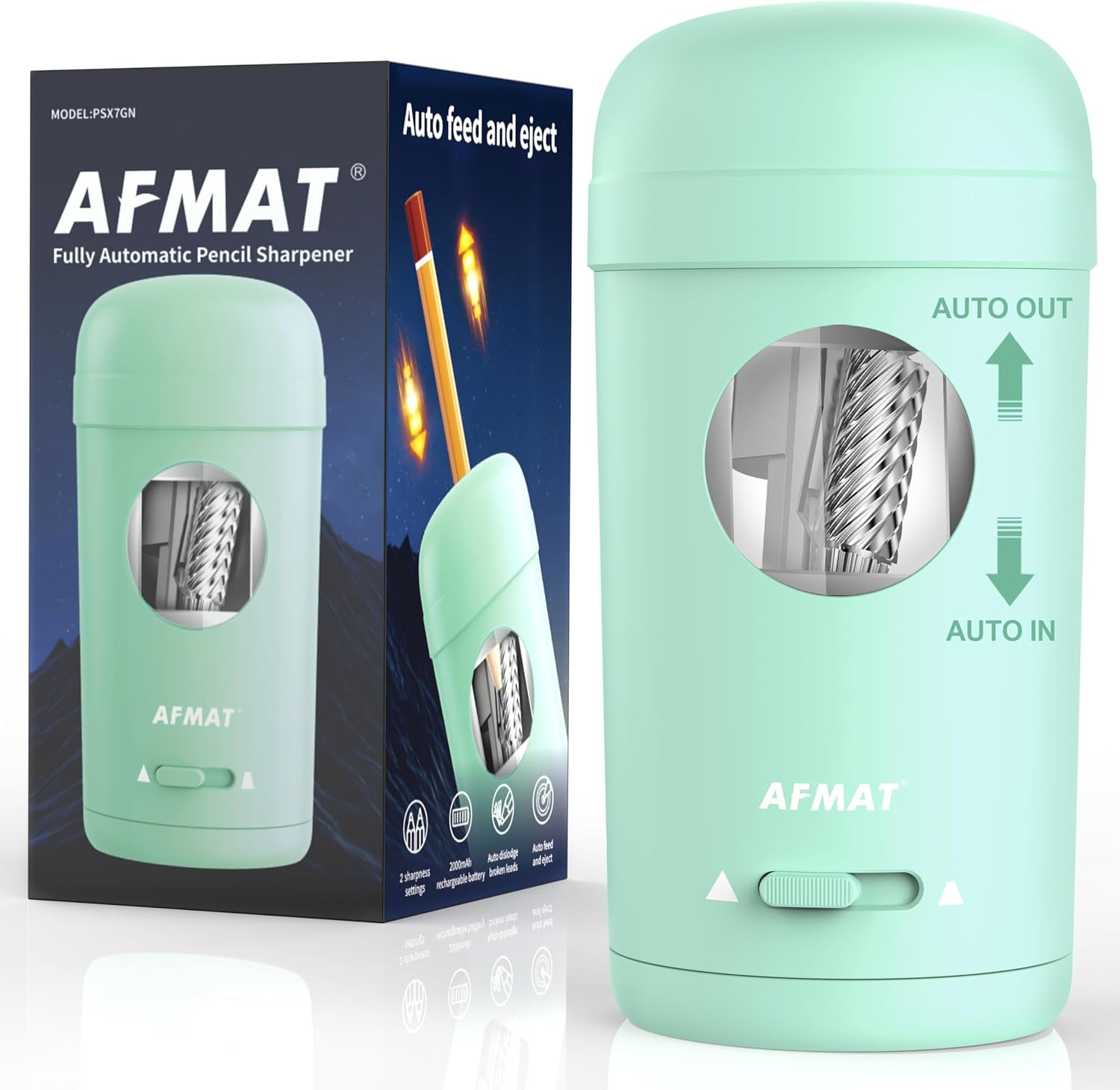 AFMAT Electric Pencil Sharpener, Fully Automatic Pencil Sharpener for 7-8mm Pencils & Colored Pencils, Auto in & Out, Rechargeable Vertical Hands-Free Sharpeners for Classroom/Home/Office PSX7(Green) | Amazon (US)