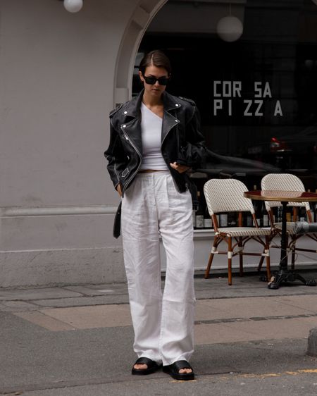 Linen pants are ONWEEKENDS but found similar options for you. Loved styling them with a leather jacket and one shoulder top 🤍