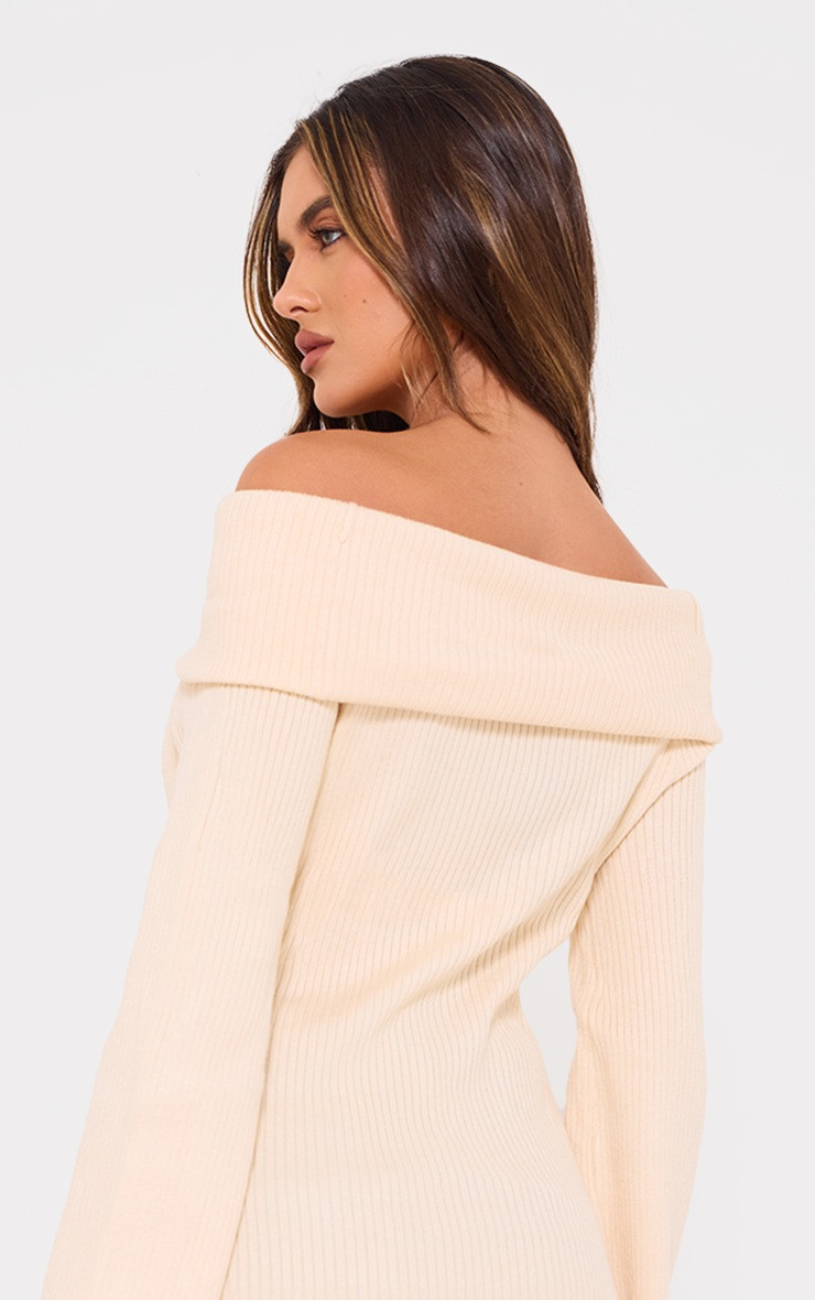 Oatmeal Rib Knit Bardot Foldover Long Sleeve Top | PrettyLittleThing US