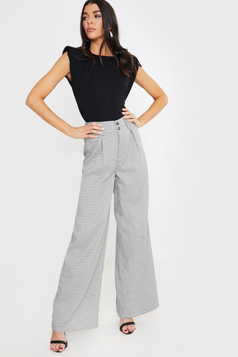 LORNA LUXE GREY 'MAYFAIR' CHECK WIDE LEG TROUSERS | In The Style (UK)