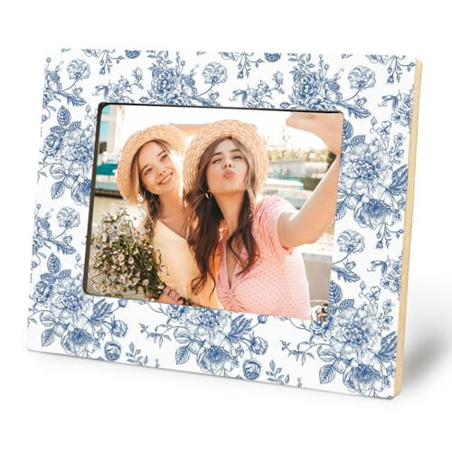 Cquwb Blue Chinoiserie and White Floral 5x7 Picture Frame,Chinoiserie Grandmillennial Home Decor,Blue and White Floral Photo Frame,Rustic Flower Picture Frames for Desk Tabletop or Wall Display | Amazon (US)