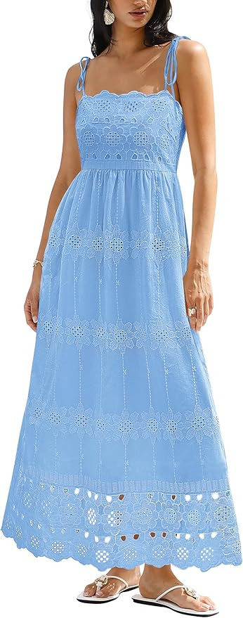 dowerme Womens Summer Maxi Dresses 2026 Casual Spaghetti Strap Smocked Eyelet Cotton Dress Long B... | Amazon (US)