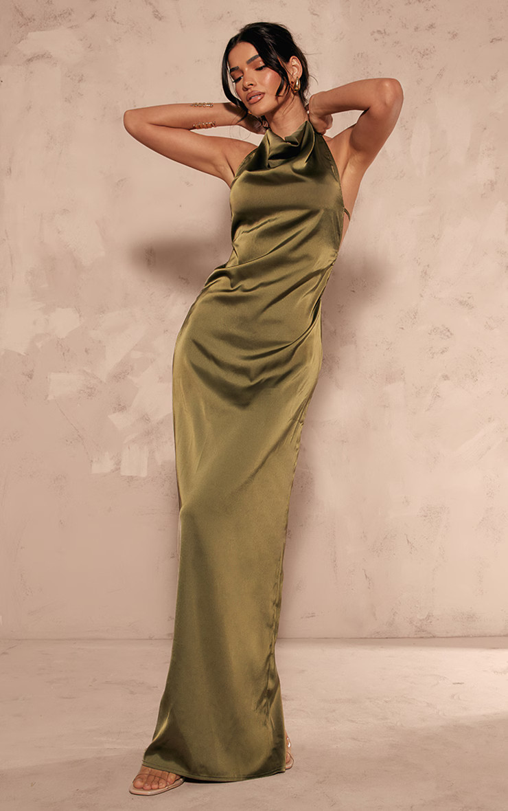 Khaki Satin High Neck Open Back Maxi Dress | PrettyLittleThing US