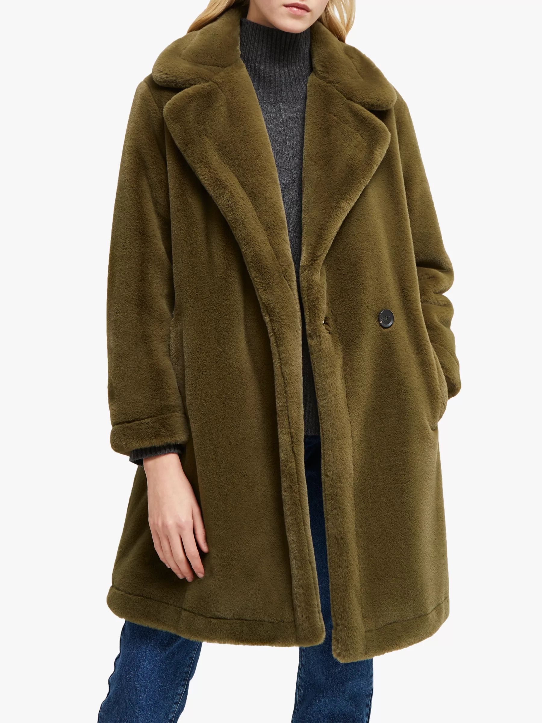 French Connection Buona Faux Fur Coat, Loden Green | John Lewis (UK)