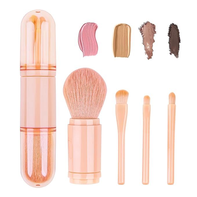 Small Makeup Brush Set Pink - 4 in 1 Portable Travel Lip Brush, Highlight Brush, Eyeshadow Brush,... | Amazon (US)
