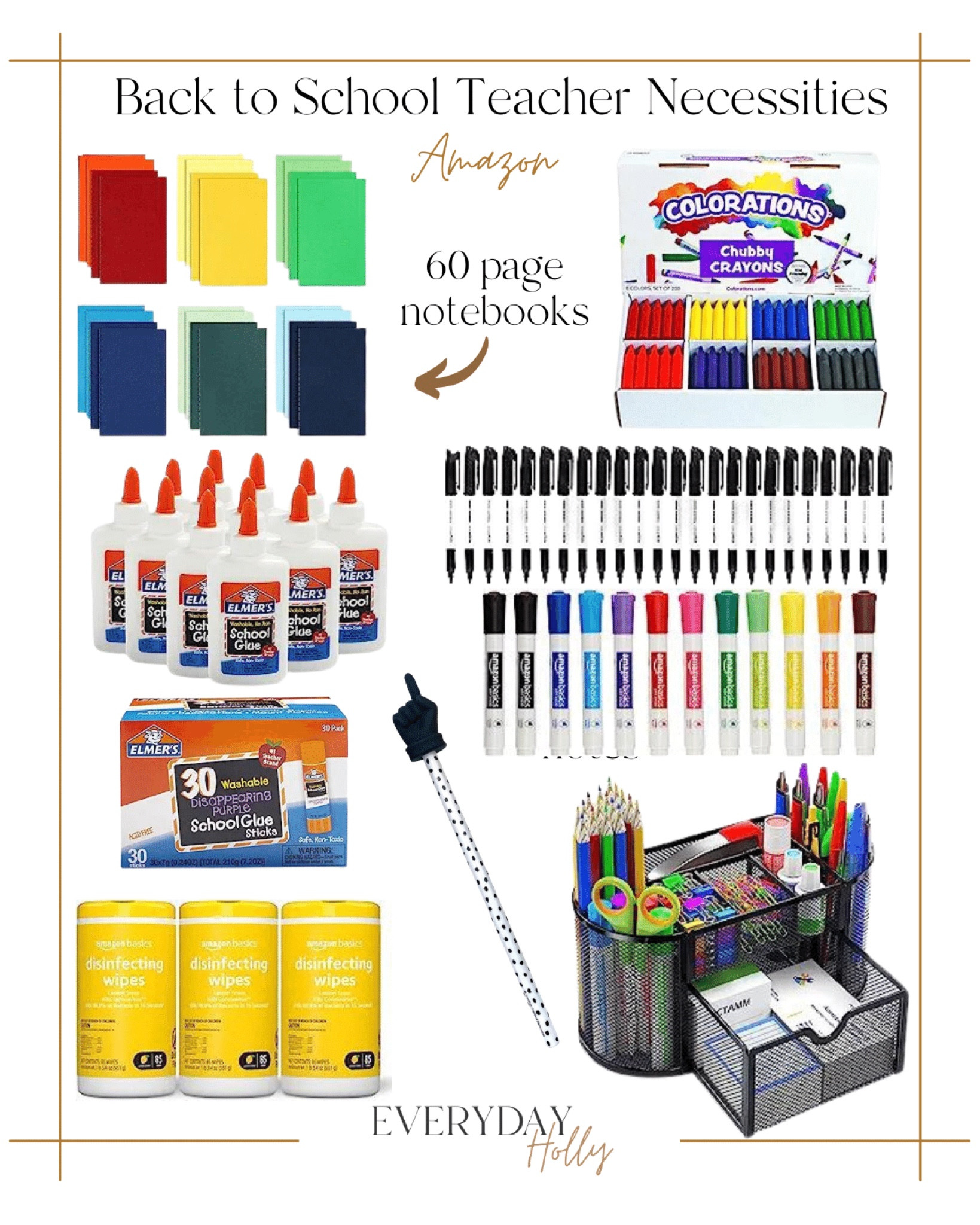 Amazing Amazon Back to School Teacher Necessities

60 pack notebooks  Colorations chubby crayons  Black markers  Expo markers  Desk organizer  Elmer's glue  30 pack glue sticks  Disinfecting wipes  Pointer  Keeping it creative  Always prepared  Teacher hacks  Fun back to school  Cleanliness  

#LTKBacktoSchool #LTKSeasonal #LTKkids