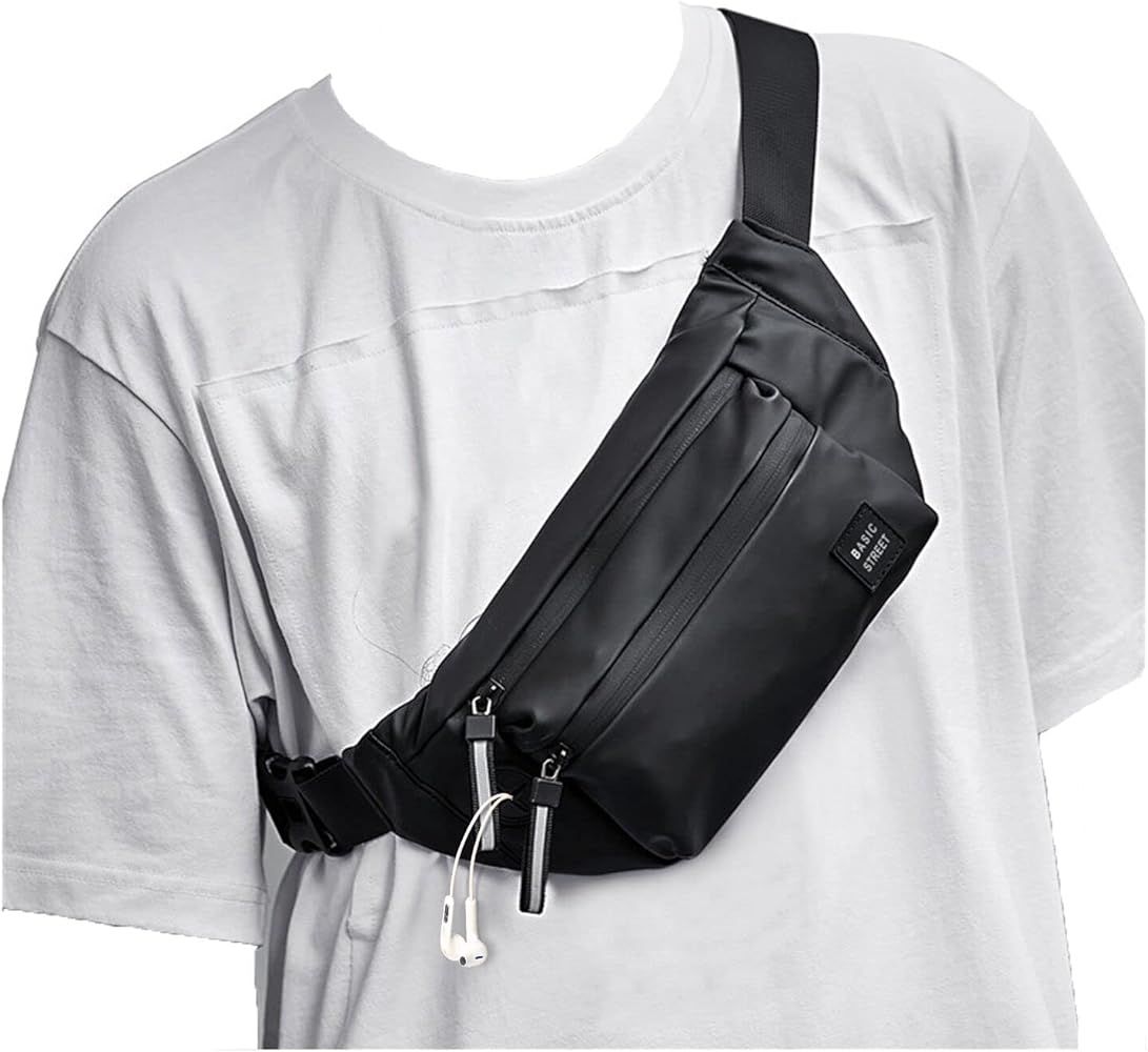 Black Fanny Pack for Men Women, Fashionable Crossbody Waist Bag Pack with 4-Zipper Pockets Adjust... | Amazon (US)