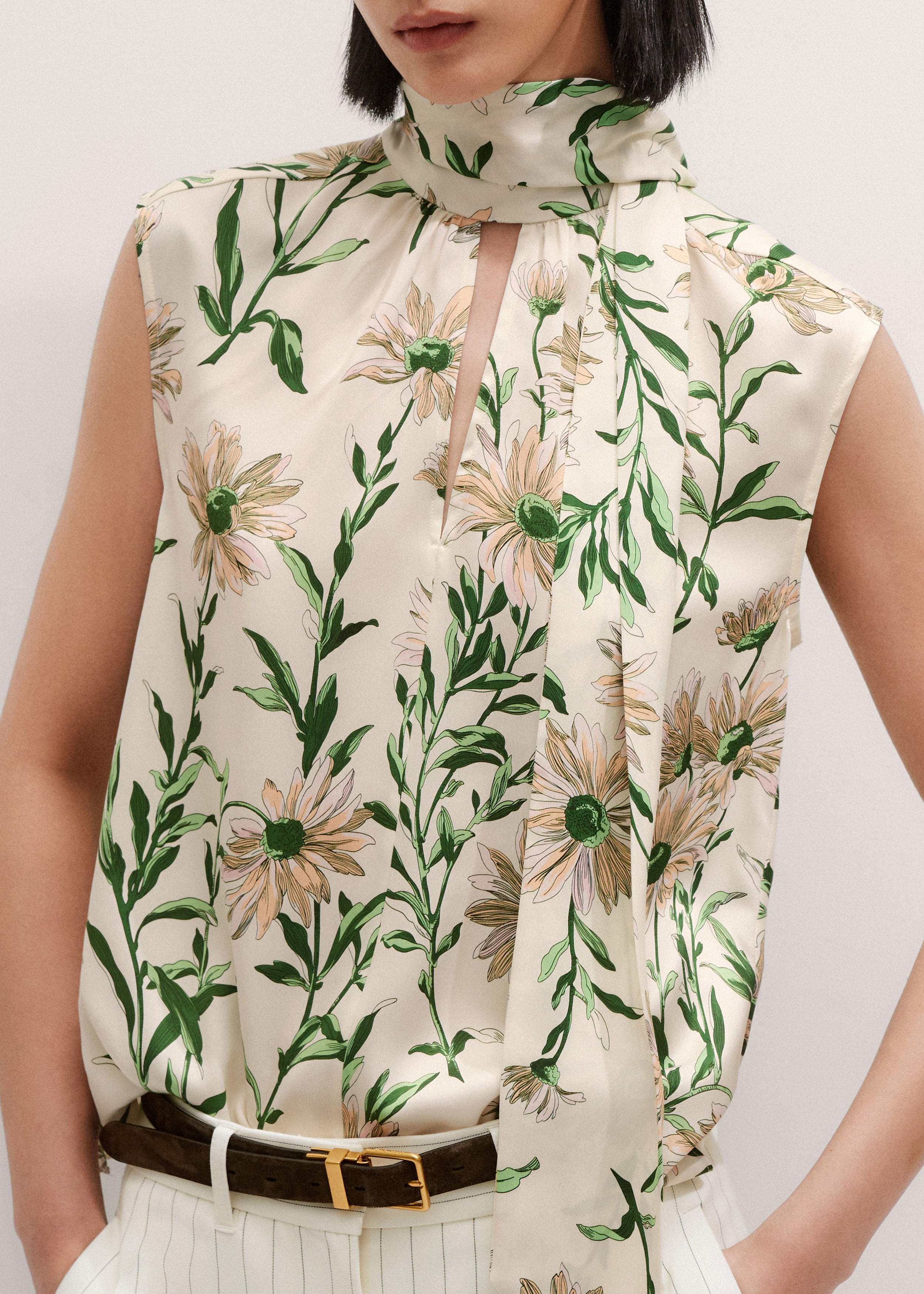 Silk Satin Growing Daisy Print Top + Tie Silk Satin | ME+EM Global (Excluding US)