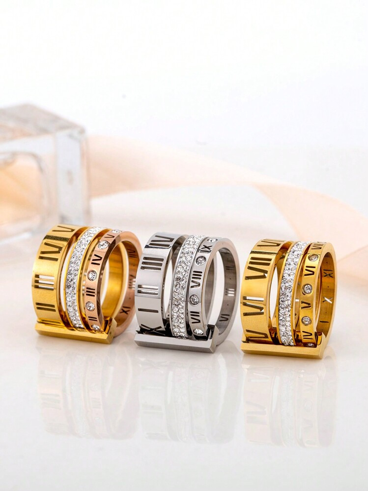 1pc Men's Luxury Stainless Steel 18k Gold Plated Ring With Rhinestone & Hollow Out Roman Number Three-Ring Joint Design, Ideal Birthday Gift | SHEIN