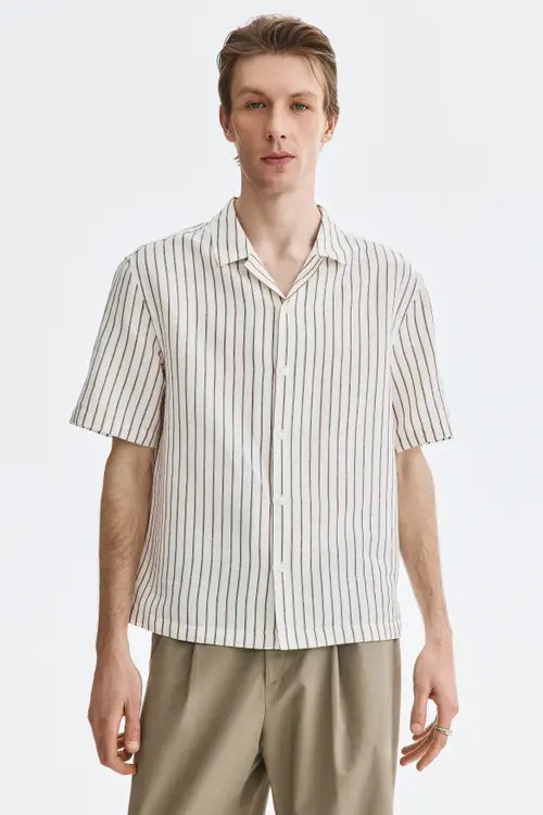 H&M Relaxed Fit Linen-blend Resort Shirt in White/striped at Nordstrom, Size Small | Nordstrom