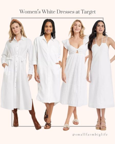 Women’s white dresses at Target. Date night dress. Spring dresses. Easter dress. Long sleeve cinch waist maxi shirt dress. 3/4 sleeve midi shirt dress. Linen midi sundress. Flutter short sleeve midi a-line dress. Spring outfit. White dress. Vacation outfit. Date night outfit  

#LTKover40 #LTKfindsunder50 #LTKmidsize