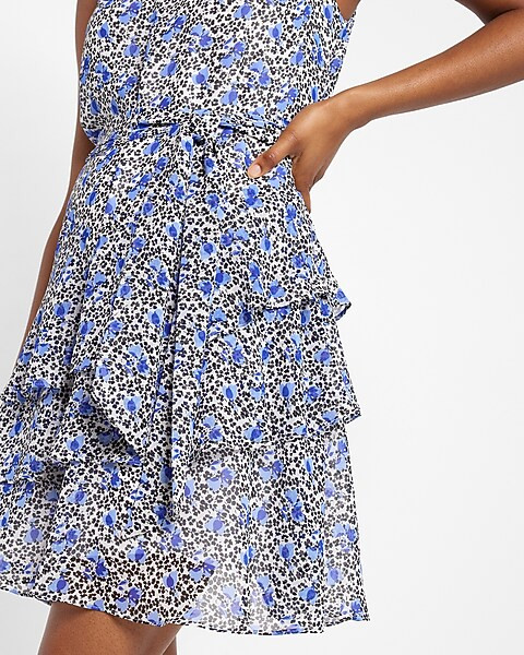 Floral Print Sleeveless Tie Waist Tiered Ruffle Dress | Express