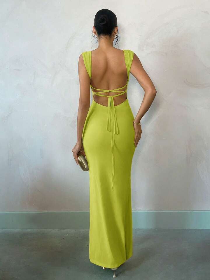 SHEIN BAE Summer Seaside Beach Vacation Light Yellow Pastel Macaron Sexy Backless Long Dress, Suitable For Daily Dating, Night Out, Nightclub, Party, Get-Together, Cocktail Party, Pool Party, Holiday Dress | SHEIN