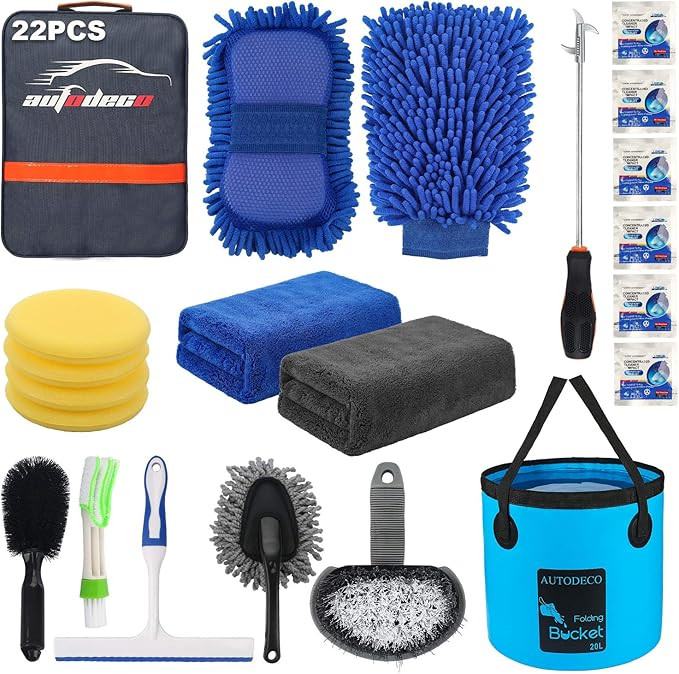 22Pcs Car Wash Cleaning Tools Kit Car Detailing Set with Blue Canvas Bag Collapsible Bucket Wash ... | Amazon (US)