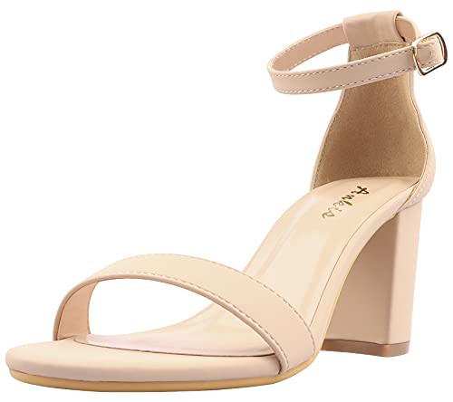 Ankis Nude Heels for Women - Open Toe Ankle Strap Chunky Heel Pump Sandals Party Wedding Strappy Buckle Sandals 2.75 Inches (Nude Nubuck, numeric_7) | Amazon (US)