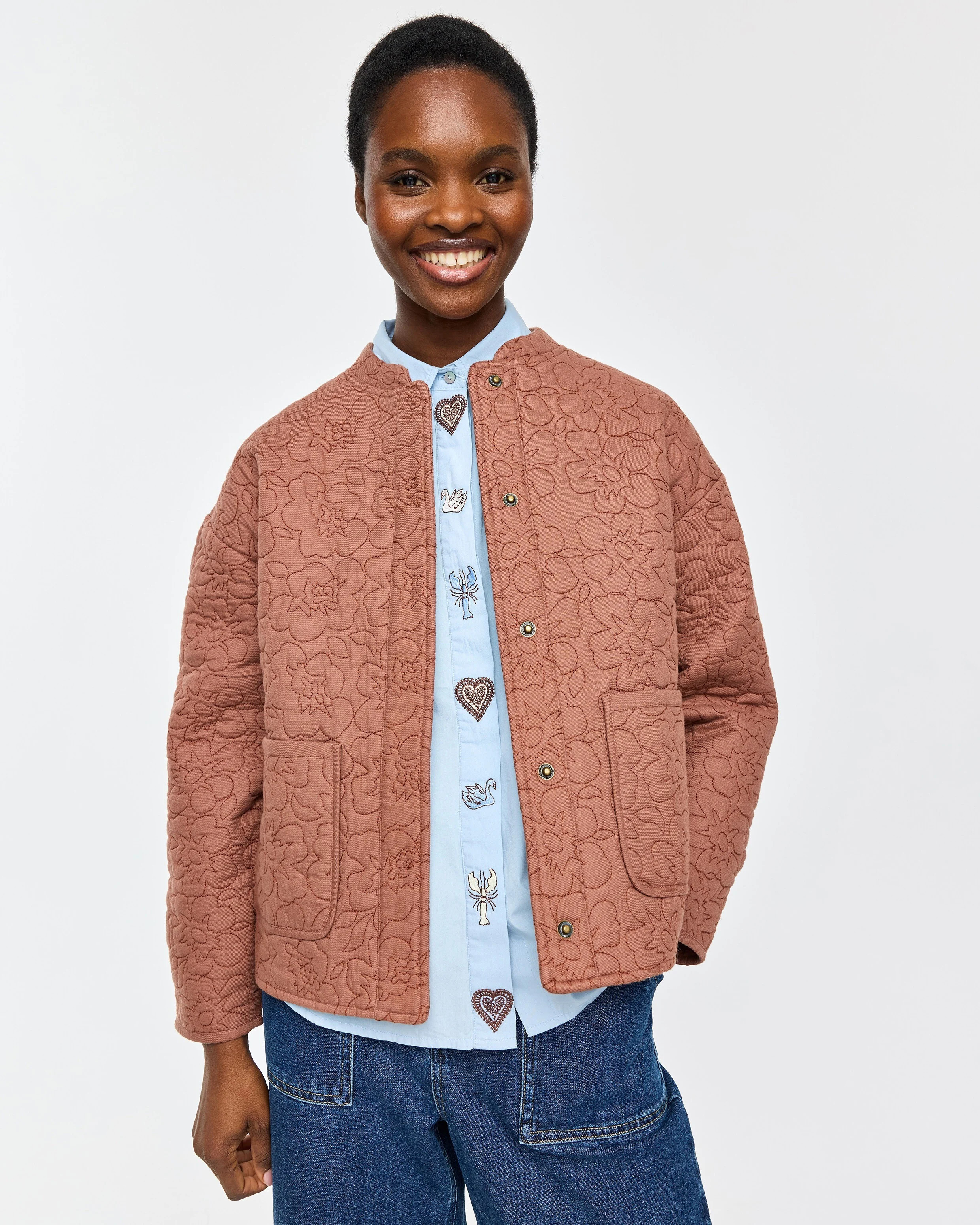 Mocha Brown Floral Quilted Jacket, size 18 | Oliver Bonas (Global)