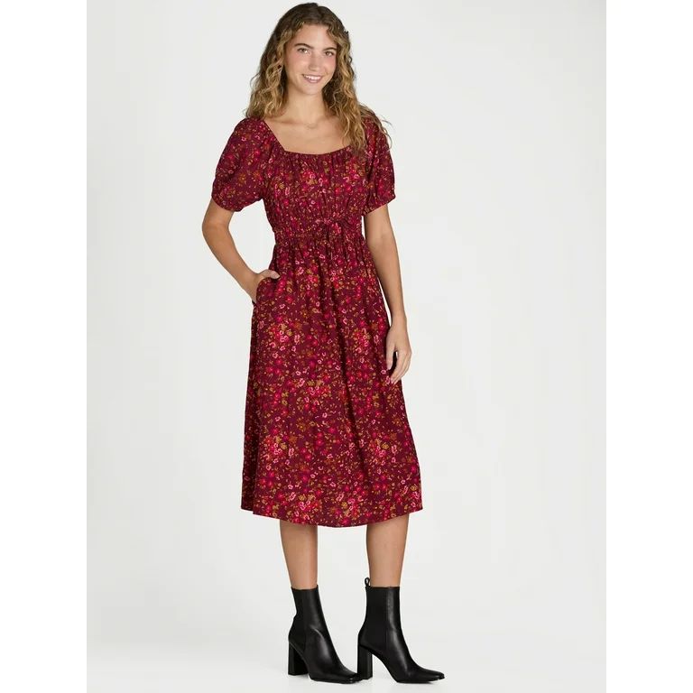 Time and Tru Women's Ruched Waist Print Midi Dress, Sizes XS-XXXL | Walmart (US)