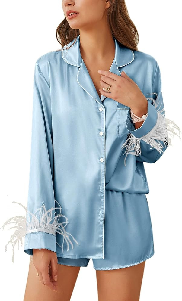 Ekouaer Women's Bridal Feather Trim Silk Satin Pajama Set Long Sleeve Lounge Sets Sleepwear (Remo... | Amazon (US)