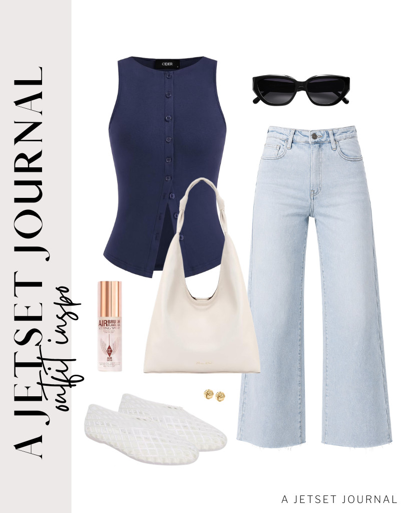 Another outfit idea is to combine a dark navy CIDER tank top with high-waisted Allimy light-wash jeans and then a pair of LUCKY STEP jelly ballet flats. To style, grab this roomy shoulder tote and pair it with these stylish SOJOS cat-eye sunglasses.

#LTKSeasonal #LTKSaleAlert #LTKTravel
 

 