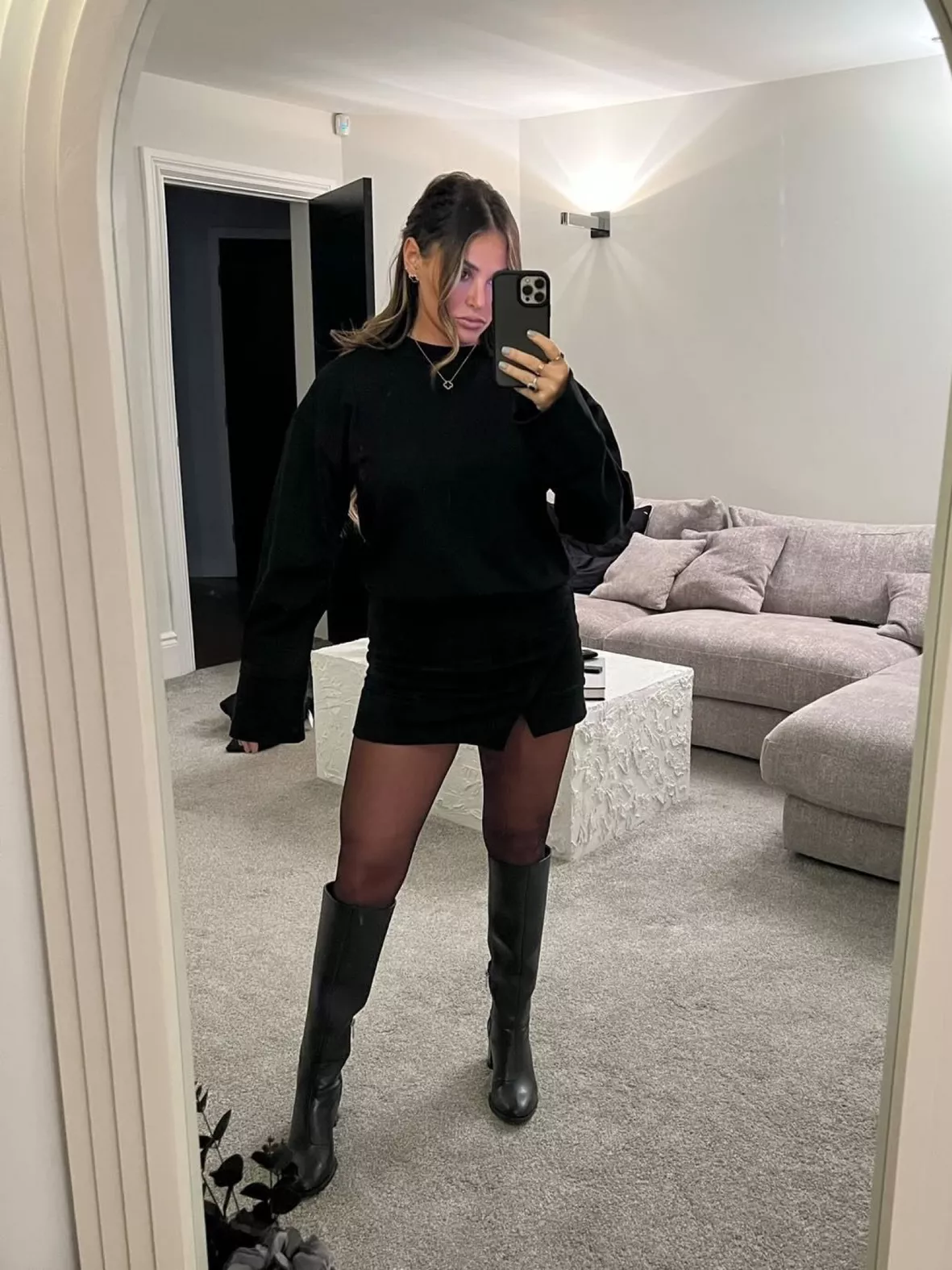 black dress black boots black tights What takes a from A to A+ pockets This casual lace one is perfect for winter paired with and your favorite loafer . Here are the deets on the outfit. ( How to Wear Black Tights