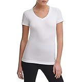 DKNY Women's Summer Tops Short Sleeve T-Shirt, White V-Neck with Small Logo Detail at Hem, XS | Amazon (US)
