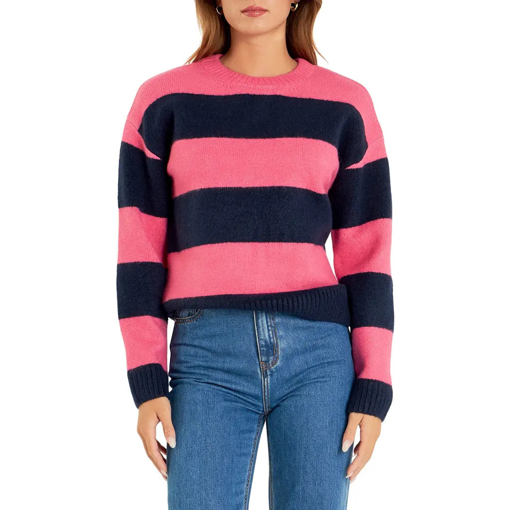 English Factory Bold Stripe Crewneck Sweater in Pink/Navy at Nordstrom, Size Small | Nordstrom