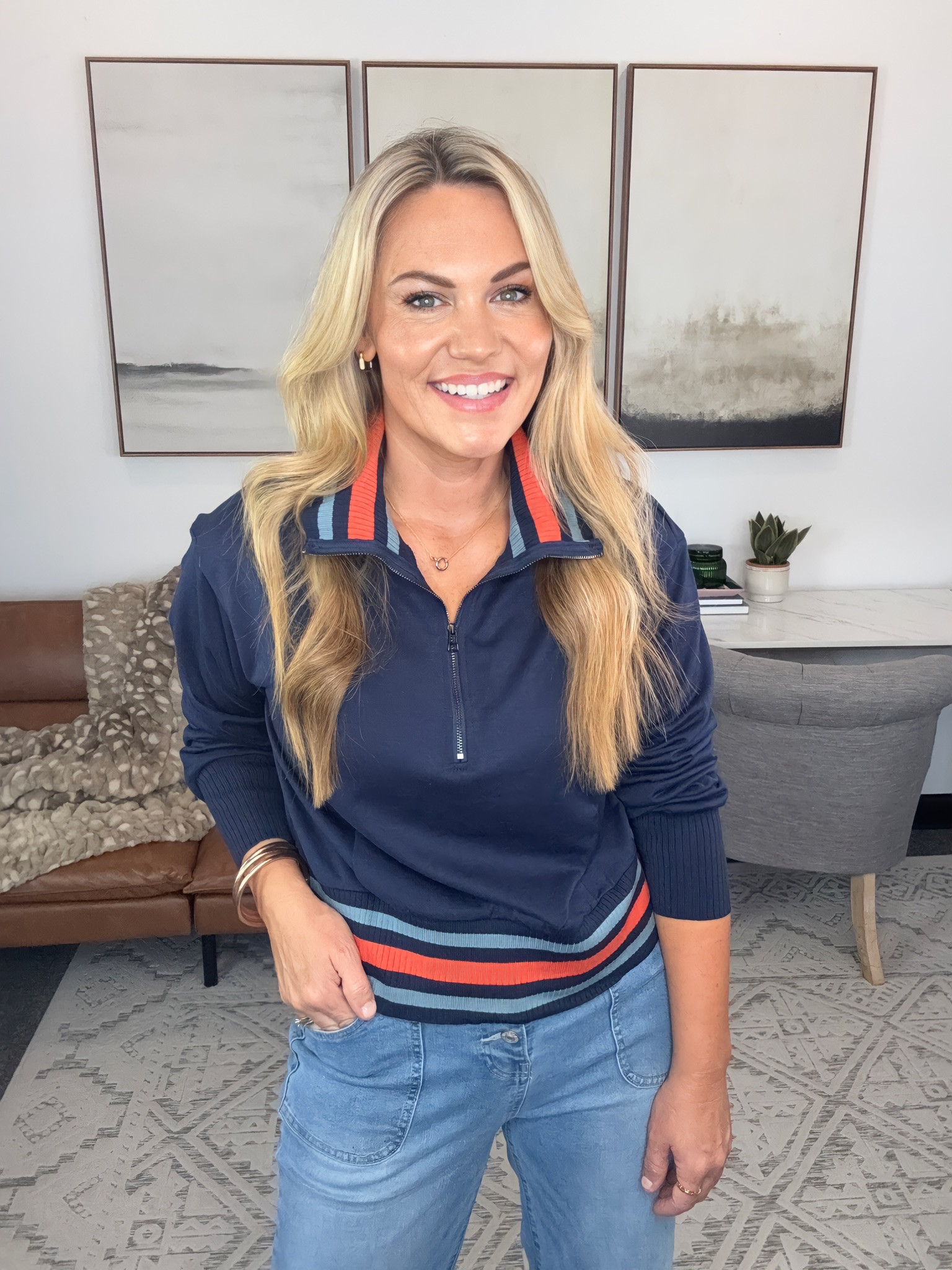 This is the kind of sweater that makes jeans feel more pulled together without making the outfit too serious. I love the navy with the unexpected coral and blue trim, especially for those first cooler days when a lightweight layer is all you need.

navy quarter zip, striped sweater, women’s pullover, casual fall outfit, transitional style, wide leg jeans, early fall fashion, lightweight sweater, weekend outfit, casual layers, AudrieDollins

#LTKootd #LTKdayinmylife #LTKOver40