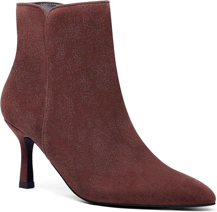 Coutgo Women's Kitten Heel Booties Pointed Toe Low Stiletto Side Zipper Ankle Boots Shoes | Amazon (US)