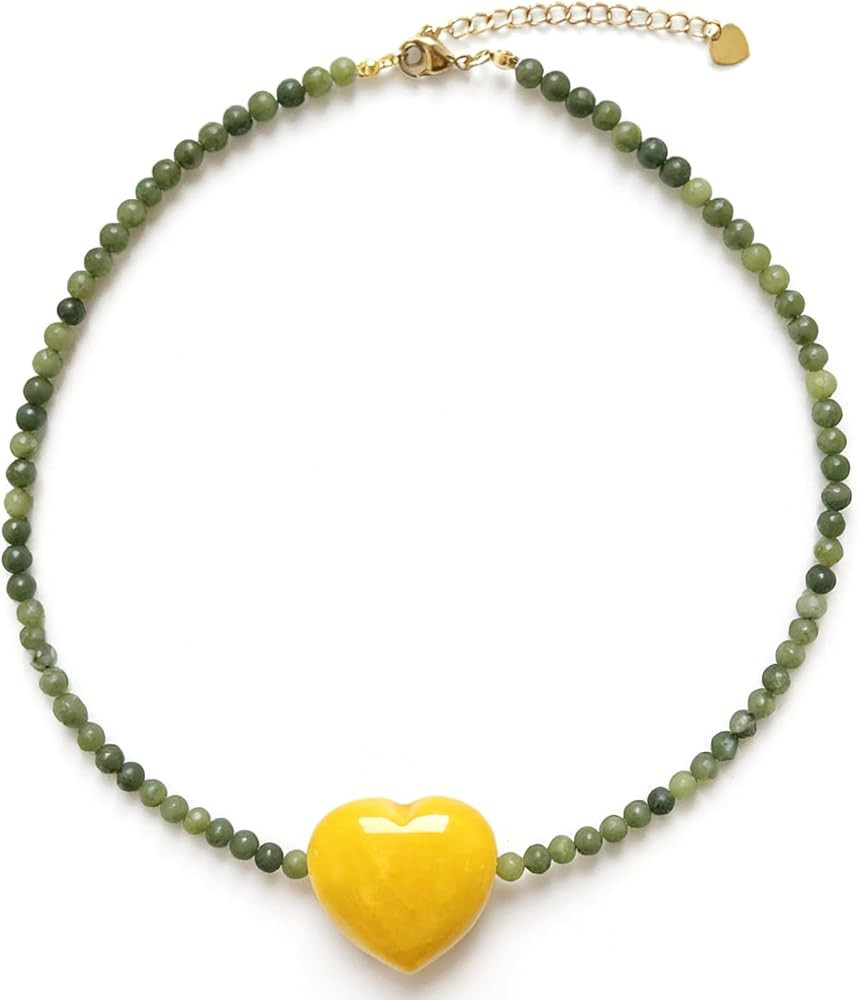Natural Stone Beaded Choker Chunky Necklace, 18K Gold Plated Stainless Steel Peach Heart Pendant,... | Amazon (US)