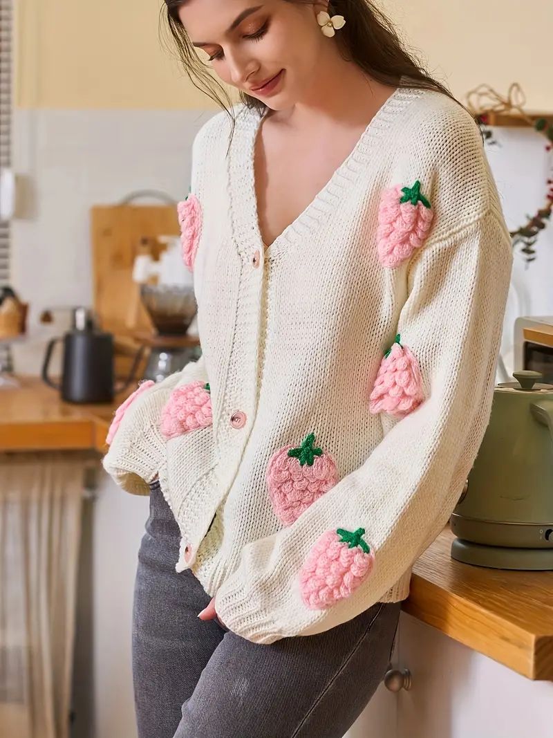 Strawberry Pattern Button Front Cardigan, Boho Long Sleeve Knit Outwear, Women's Clothing | Temu Affiliate Program