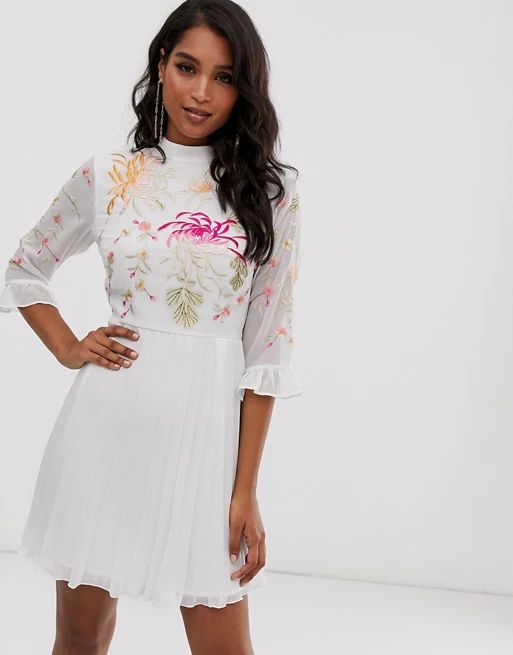 ASOS DESIGN embroidered pleated mini dress with fluted sleeve in white | ASOS (Global)