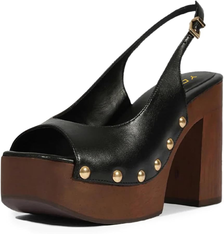 YDN Women's Rivet Studded Platform Chunky Block High Heeled Sandals Slingback Buckle Strap Clog S... | Amazon (US)