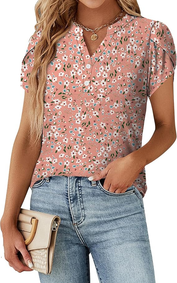 Summer Tops for Women Fashion V Neck Blouses Spring Short Sleeve Button Down Tshirts Ladies Tunic... | Amazon (US)