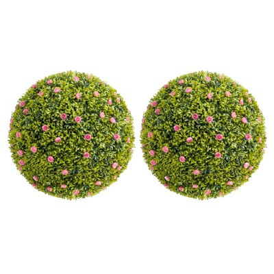 2pack 22.4in Artificial Boxwood Topiary Balls with Faux Flowers, UV Resistant Large Greenery Spheres for Indoor Outdoor Porch Patio Decor pink | Target