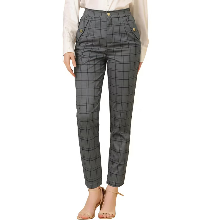 Allegra K Women's Plaid Elastic High Waist Straight Long Trousers | Target