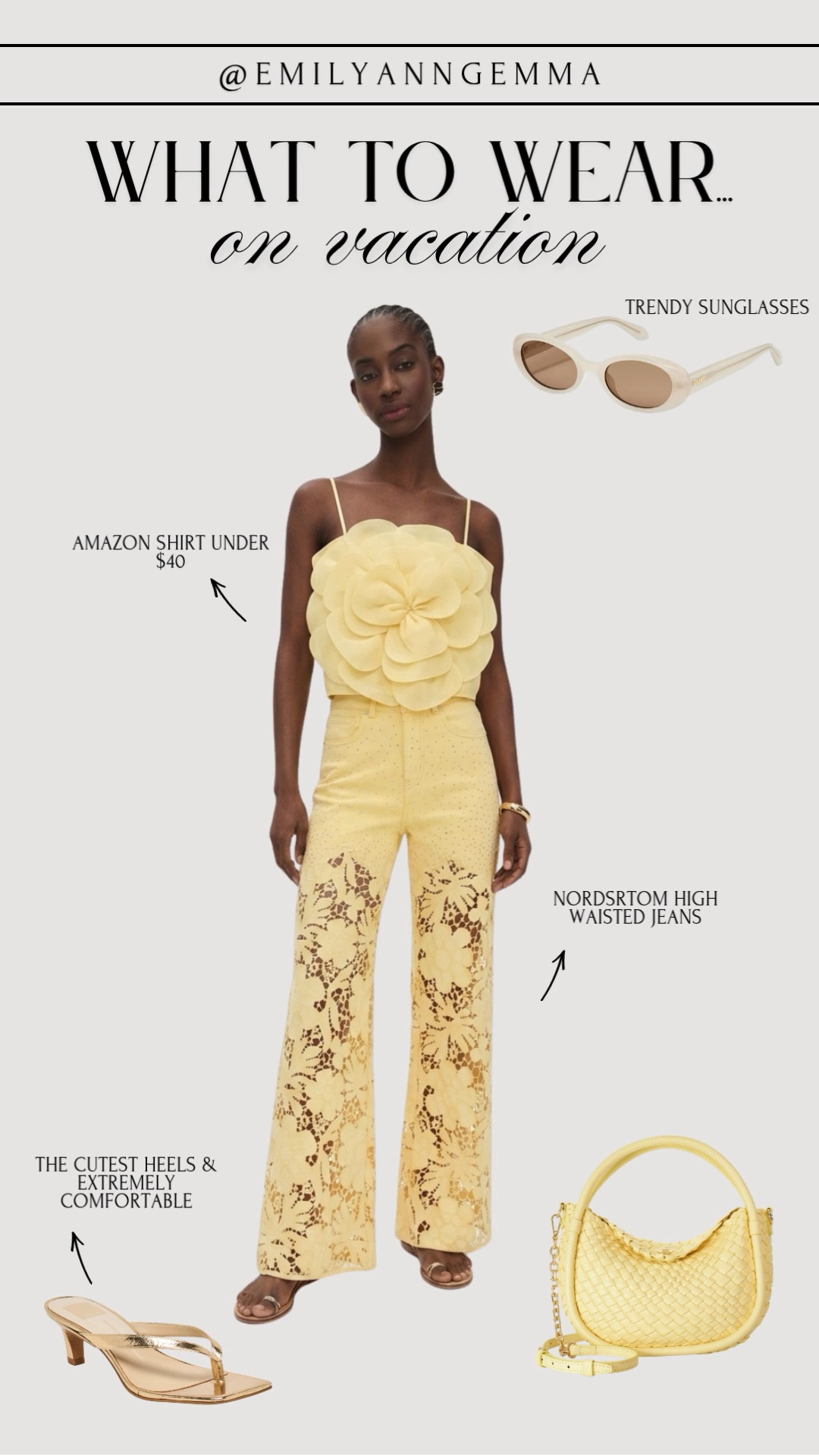 What to wear on vacation! Butter yellow was the color of the summer last year & I think it will be back again this spring & summer! 

Spring outfits, Spring outfits 2026, Spring fashion, Butter yellow, Flower top, Floral top, Date Night outfits, Vacation outfits, Vacation Outfits Beach, Resort Wear 2026, Emily Ann Gemma

#LTKTravel #LTKootd #LTKSeasonal