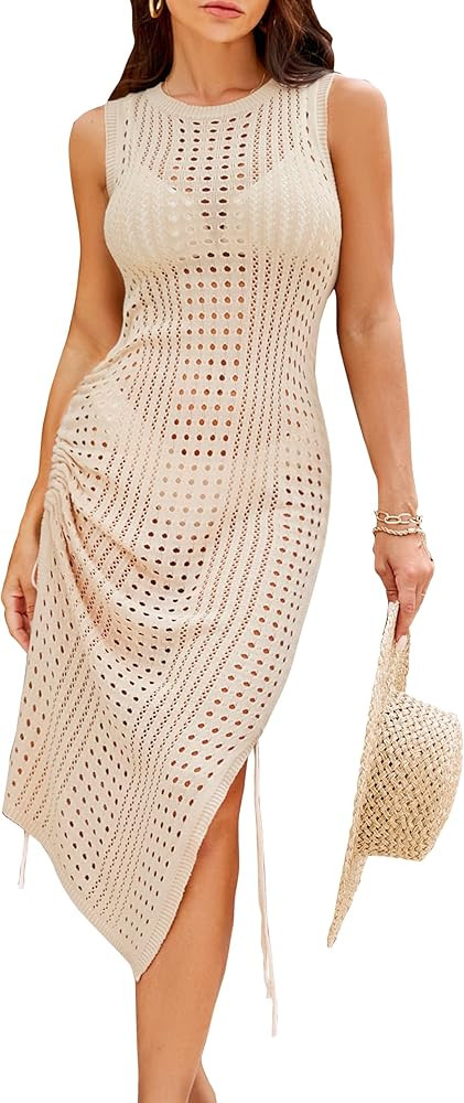 BMJL Womens Swimwear Cover Ups Crochet Hollow Out Long Bathing Suit Coverup Bikini Sleeveless Sid... | Amazon (US)