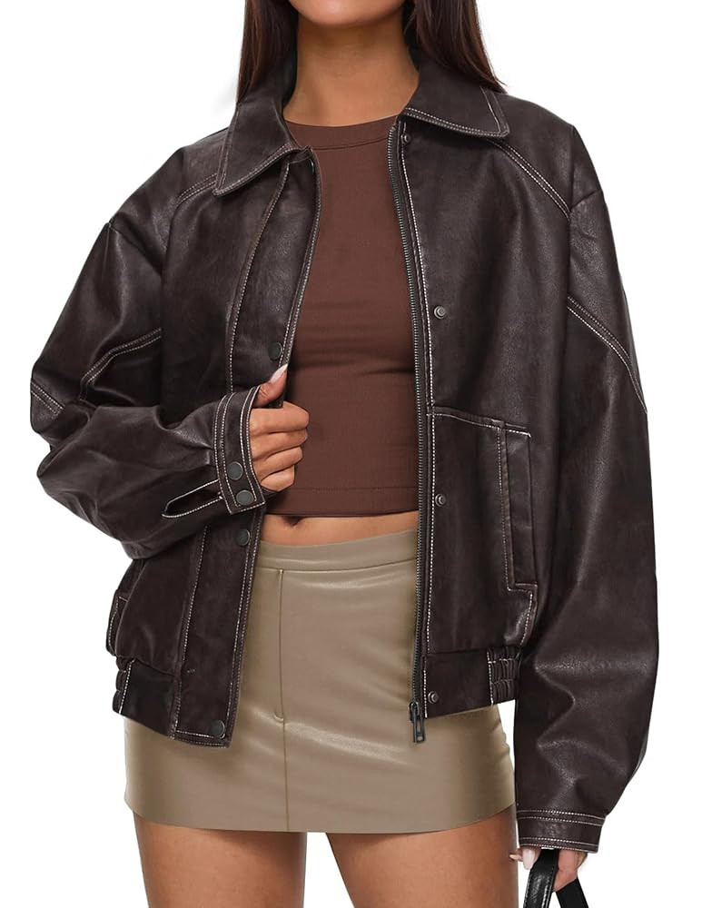 PRETTYGARDEN Faux Leather Jacket Women Bomber Motorcycle Zip Up Jackets Oversized Fall Fashion Ou... | Amazon (US)