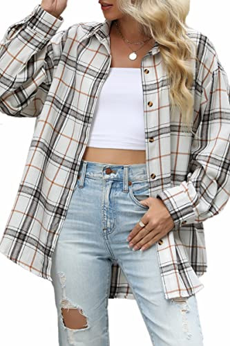 CHYRII Womens Button Down Flannel Shirts Long Sleeve Plaid Shackets Business Casual Blouse Top | Amazon (US)