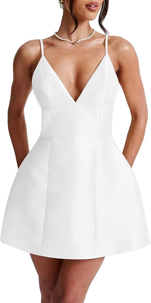 LuFeng Women's Sexy Sleeveless Spaghetti Strap Deep V Neck Backless Flowy Drape Cocktail Mini Dre... | Amazon (US)