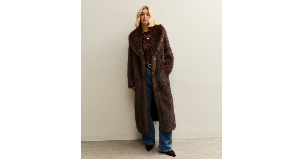 Dark Brown Faux Fur Longline Coat | New Look | New Look (UK)