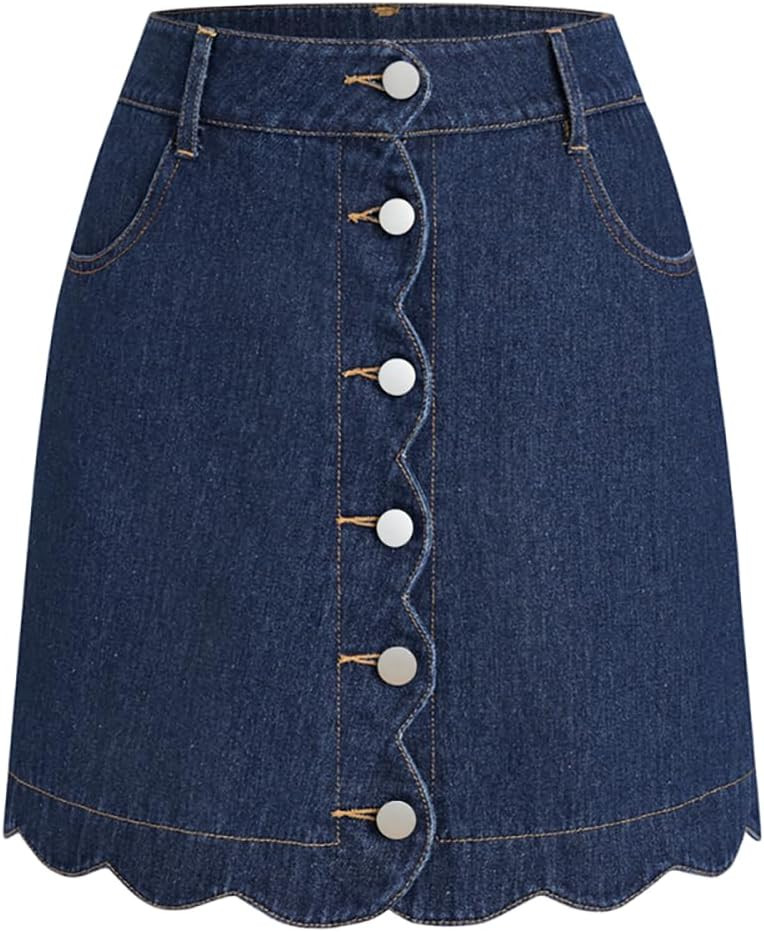 CUPSHE Women’s Denim Mini Skirt Button Front A-Line Scalloped Jeans | Amazon (US)