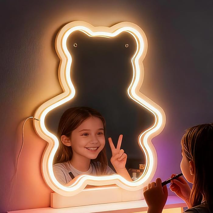 Bear Neon Light Mirror, Adorable Dimmable Acrylic Wall Decor with Warm White Glow, USB Powered Sh... | Amazon (US)