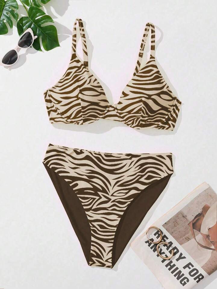 SHEIN Swim Curve Summer Beach Plus Size Zebra Print V-Neck Bikini Set | SHEIN